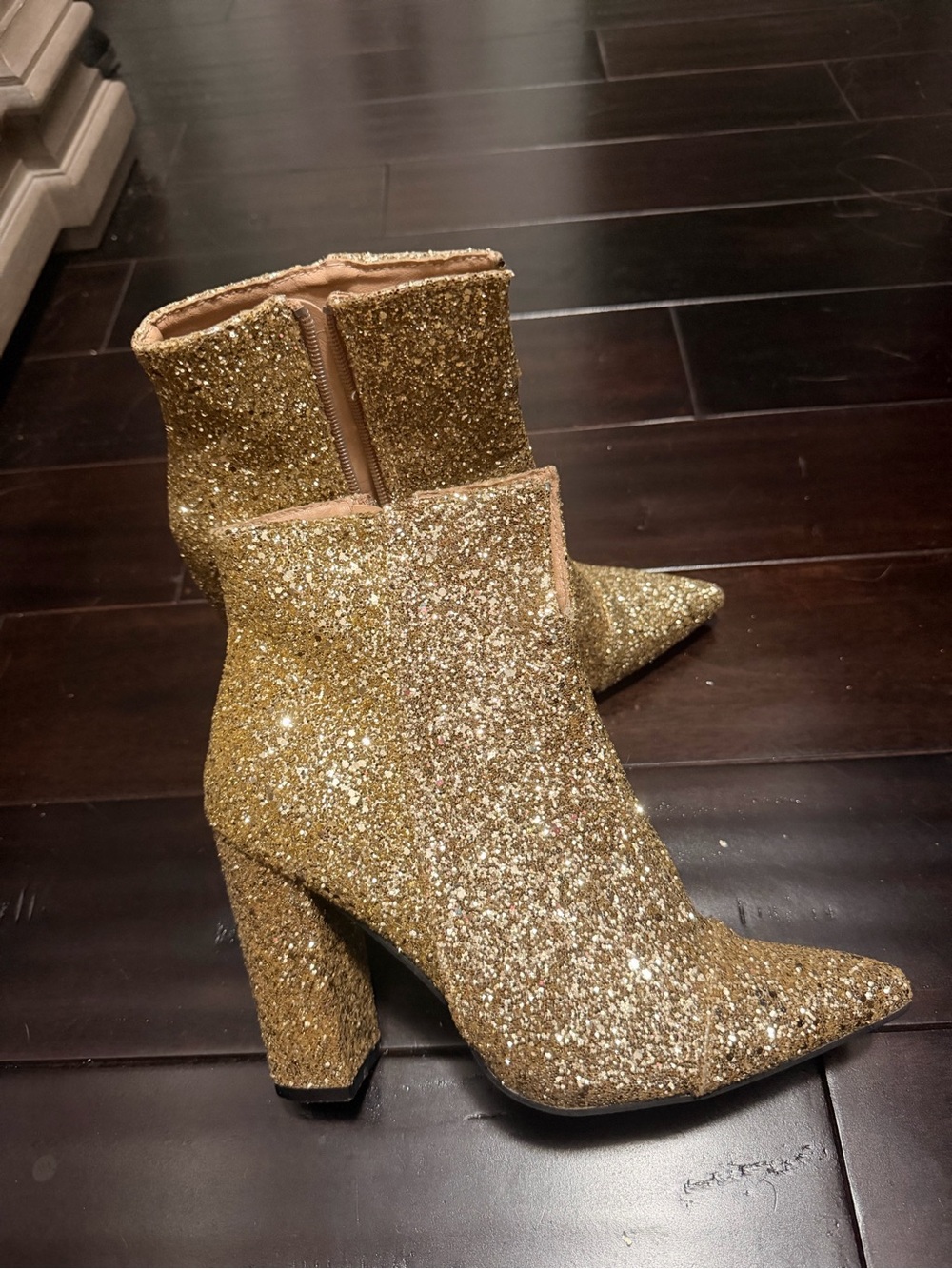 Gold Glitter Pointed-Toe Ankle Boots - Women's